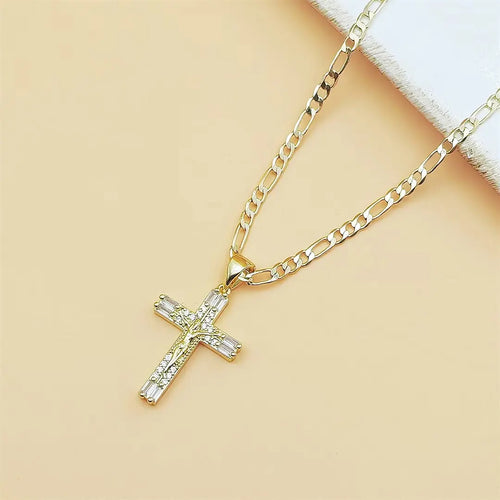14K Gold Plated Jesus Crucifix Pendant Necklace with 23.62-Inch Copper Figaro Chain, Cubic Zirconia Inlaid Cross Jewelry for Men and Women, Ideal for Catholic Faith