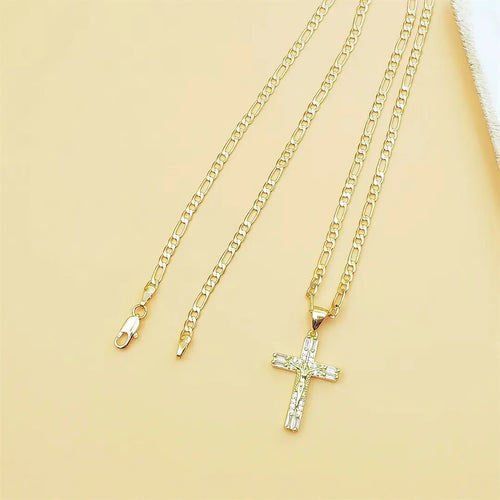 14K Gold Plated Jesus Crucifix Pendant Necklace with 23.62-Inch Copper Figaro Chain, Cubic Zirconia Inlaid Cross Jewelry for Men and Women, Ideal for Catholic Faith